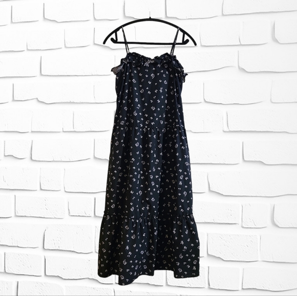 SOLD - Who What Wear Tiered Spaghetti Strap Floral Black Midi Dress with Pockets - Picture 3 of 11